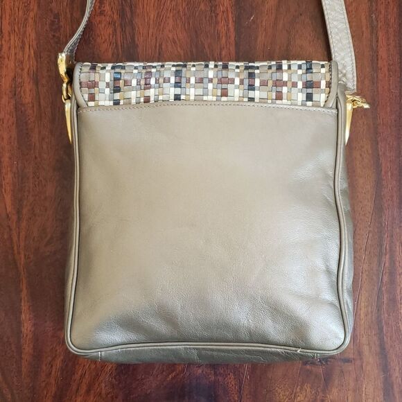 Vintage GANSON Woven Neutral Leather Crossbody Black Taupe Mustard Gray Cream - Picture 2 of 11